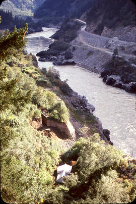 View downriver from ridge above camp.  Camp and site in foreground