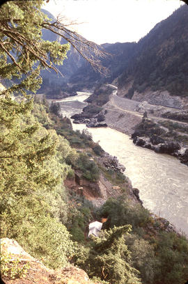 View downriver from ridge above camp.  Camp and site in foreground