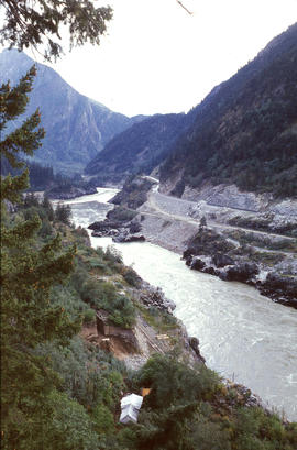 View downriver from ridge above camp.  Camp and site in foreground