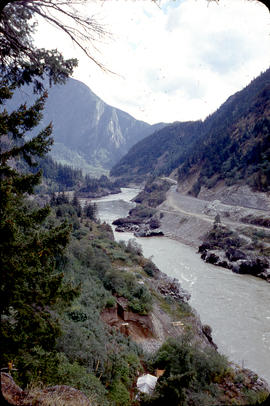 View downriver from ridge above camp.  Camp and site in foreground