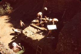 View from west side of &#039;59 trench down and to NE, of excavation