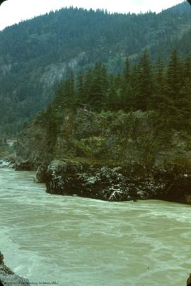 View, across Fraser [from N of Twin Tunnels] to CPR side. Note fish rack