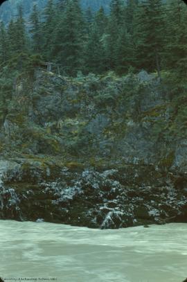 View, across Fraser [from N of Twin Tunnels] to CPR side. Note fish rack