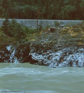 View, across Fraser [from N of Twin Tunnels] to CPR side. Note fish rack