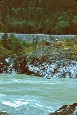 View, across Fraser [from N of Twin Tunnels] to CPR side. Note fish rack