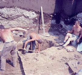 Preparing to dig deep pit L. to R. : T. Denton, J. Sendey D. Macleod