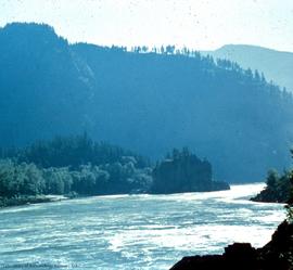 View down stream [from CPR site, to CNR site] showing Lady Franklin Rack and Bluff north of E. Ya...